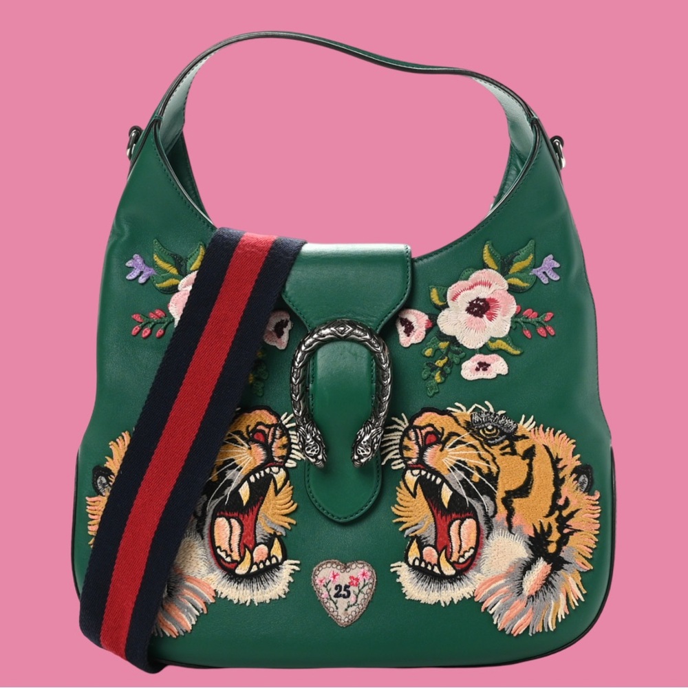 Gucci Calfskin Web Embroidered Small Dionysus Hobo Emerald Green